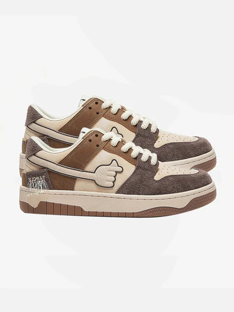 LOW TOP LEATHER, SUEDE, AND CANVAS SNEAKER IN BROWN AND CREAM